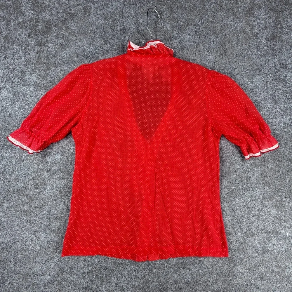 Rhoda Lee Blouse Top Women Small Red Polka Dot Ruffle Neck Button Front Cocktail